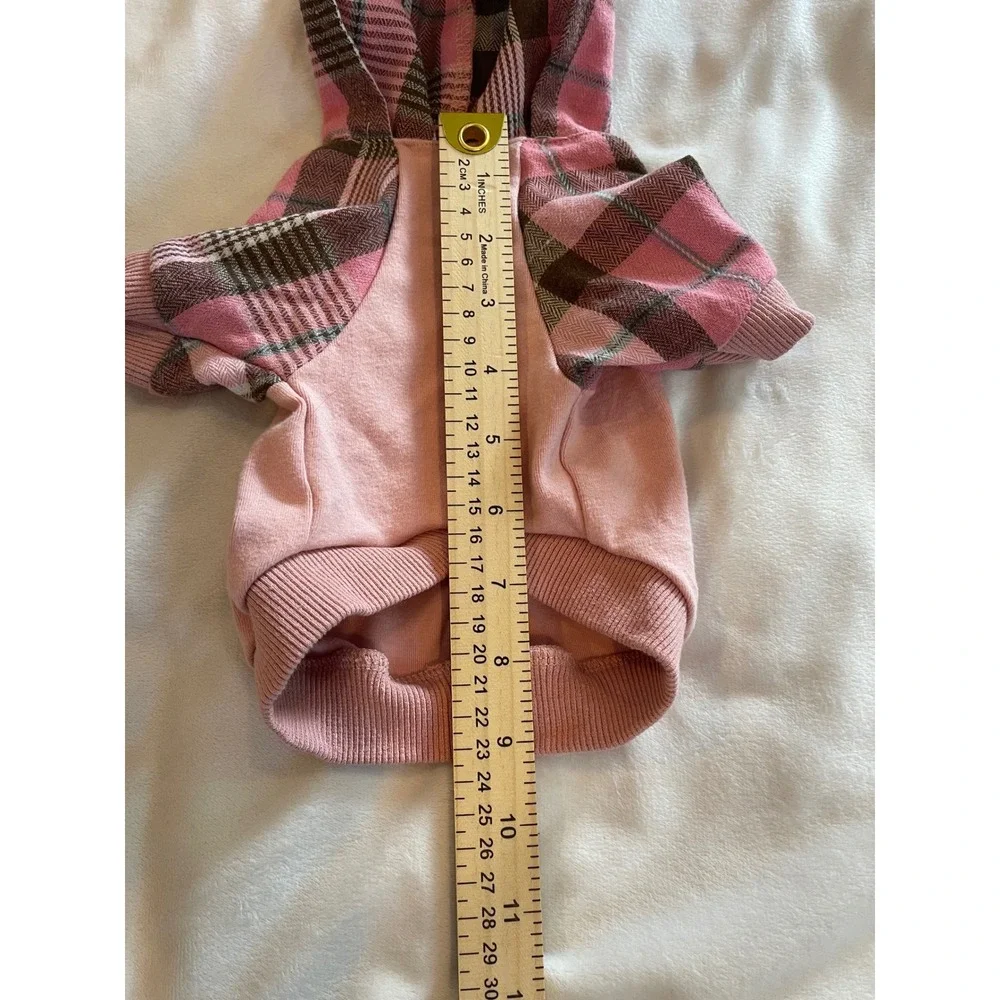 Fitwarm Pets Pink Plaid Dog Hoodie Small Puppy Sweatshirt with Leash Hole - Picture 6 of 8